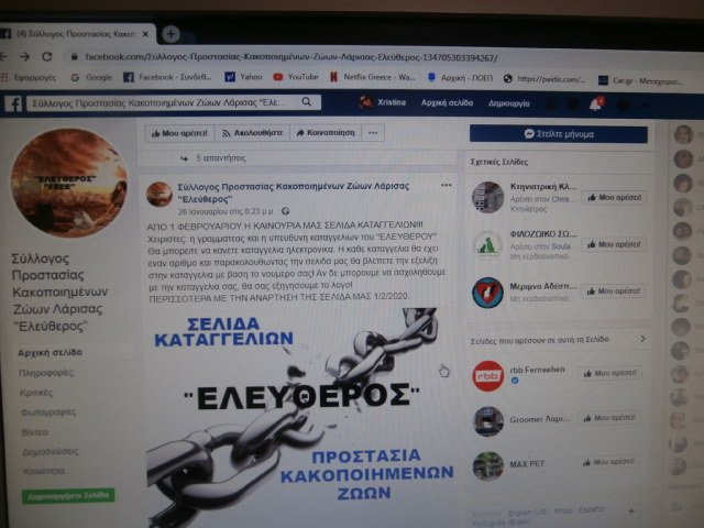 ΣΕΛΙΔΑ ΗΛΕΚΤΡΟΝΙΚΩΝ ΚΑΤΑΓΓΕΛΙΩΝ ΓΙΑ ΤΗΝ ΚΑΚΟΠΟΙΗΣΗ ΖΩΩΝ ΕΤΟΙΜΑΖΕΙ ΦΙΛΟΖΩΙΚΗ ΤΗΣ ΛΑΡΙΣΑΣ