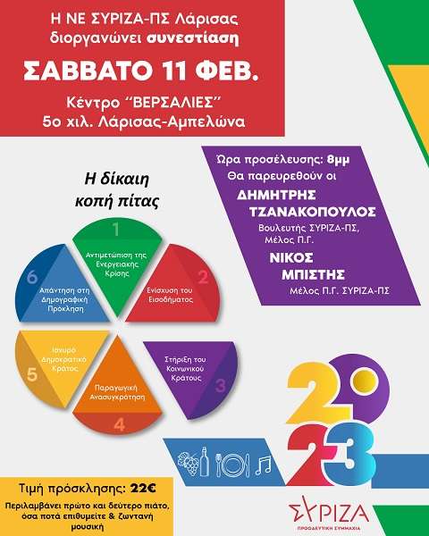 ΔΗΜΗΤΡΗΣ ΤΖΑΝΑΚΟΠΟΥΛΟΣ ΚΑΙ ΝΙΚΟΣ ΜΠΙΣΤΗΣ ΣΤΗΝ ΠΙΤΑ ΤΗΣ Ν.Ε. ΛΑΡΙΣΑΣ ΤΟΥ ΣΥΡΙΖΑ – Π.Σ. ΤΟ ΣΑΒΒΑΤΟ