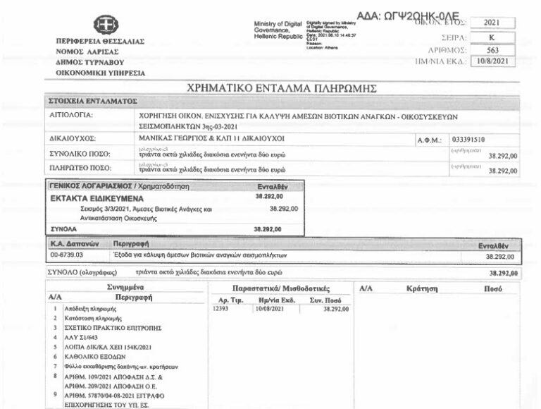 Αυτό είναι το ένταλμα πληρωμής των σεισμόπληκτων που «δηλητηρίασε» το Δαμάσι