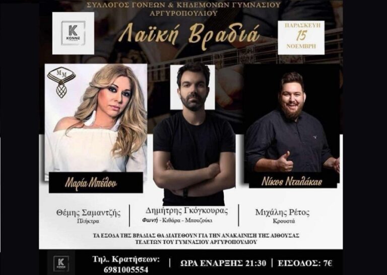 Σήμερα Παρασκευή η μουσική βραδιά για καλό σκοπό στο Αργυροπούλι