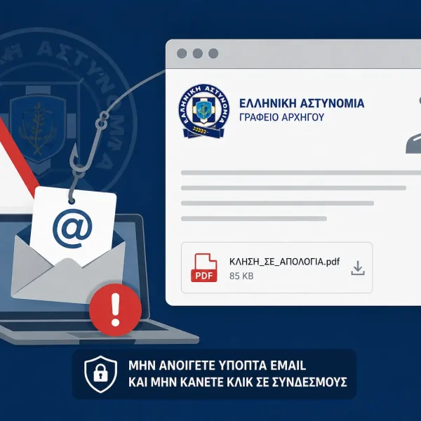 Απατηλό email (phishing) διακινείται με ψευδή χρήση στοιχείων της Ελληνικής Αστυνομίας και του Αρχηγού της ΕΛ.ΑΣ.
