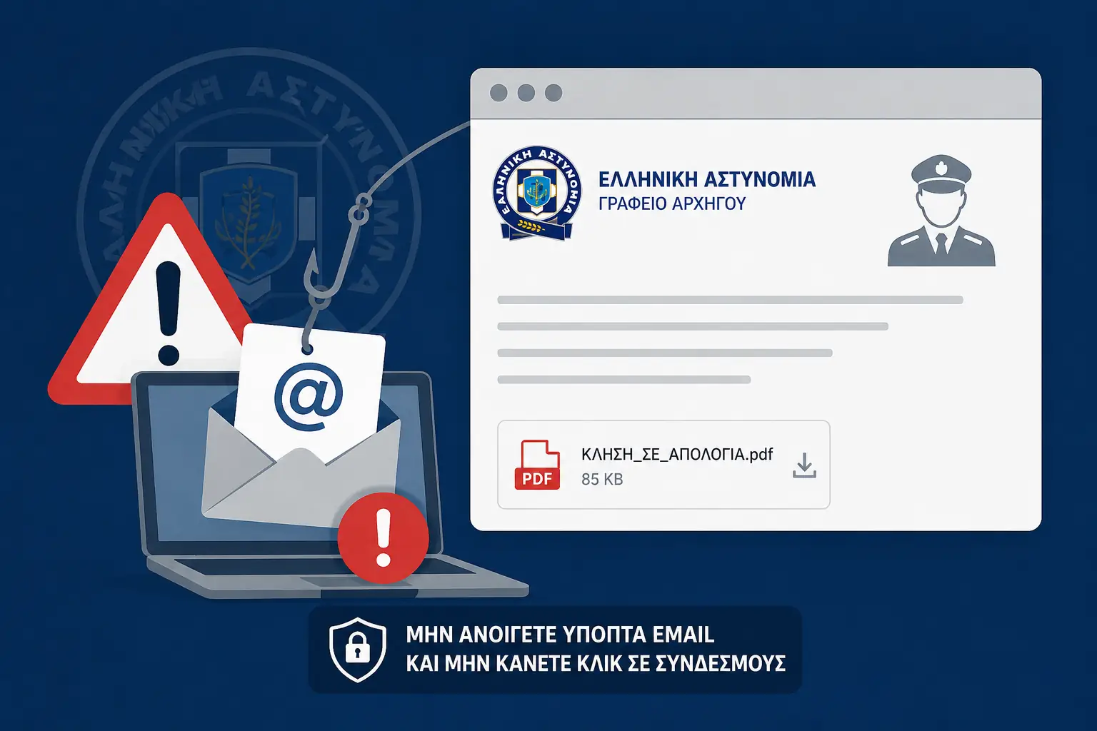 Απατηλό email (phishing) διακινείται με ψευδή χρήση στοιχείων της Ελληνικής Αστυνομίας και του Αρχηγού της ΕΛ.ΑΣ.