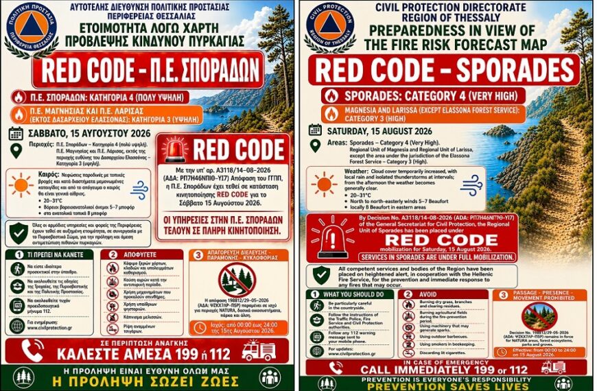 Κίνδυνος πυρκαγιάς: RED CODE και κατηγορία 4 για Σποράδες και κατηγορία 3 για ΠΕ Μαγνησίας και περιοχές της ΠΕ Λάρισας